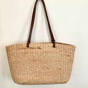 Woven Straw Tote Bag with Brown Leather Handles - Natural